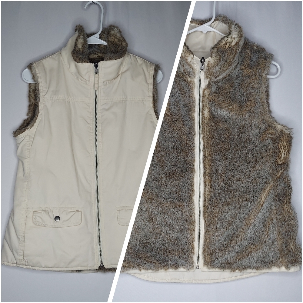 Gap Vest Women Small Reversible Faux Fur Ivory Brown Cotton Twill Pocket Zip Y2K